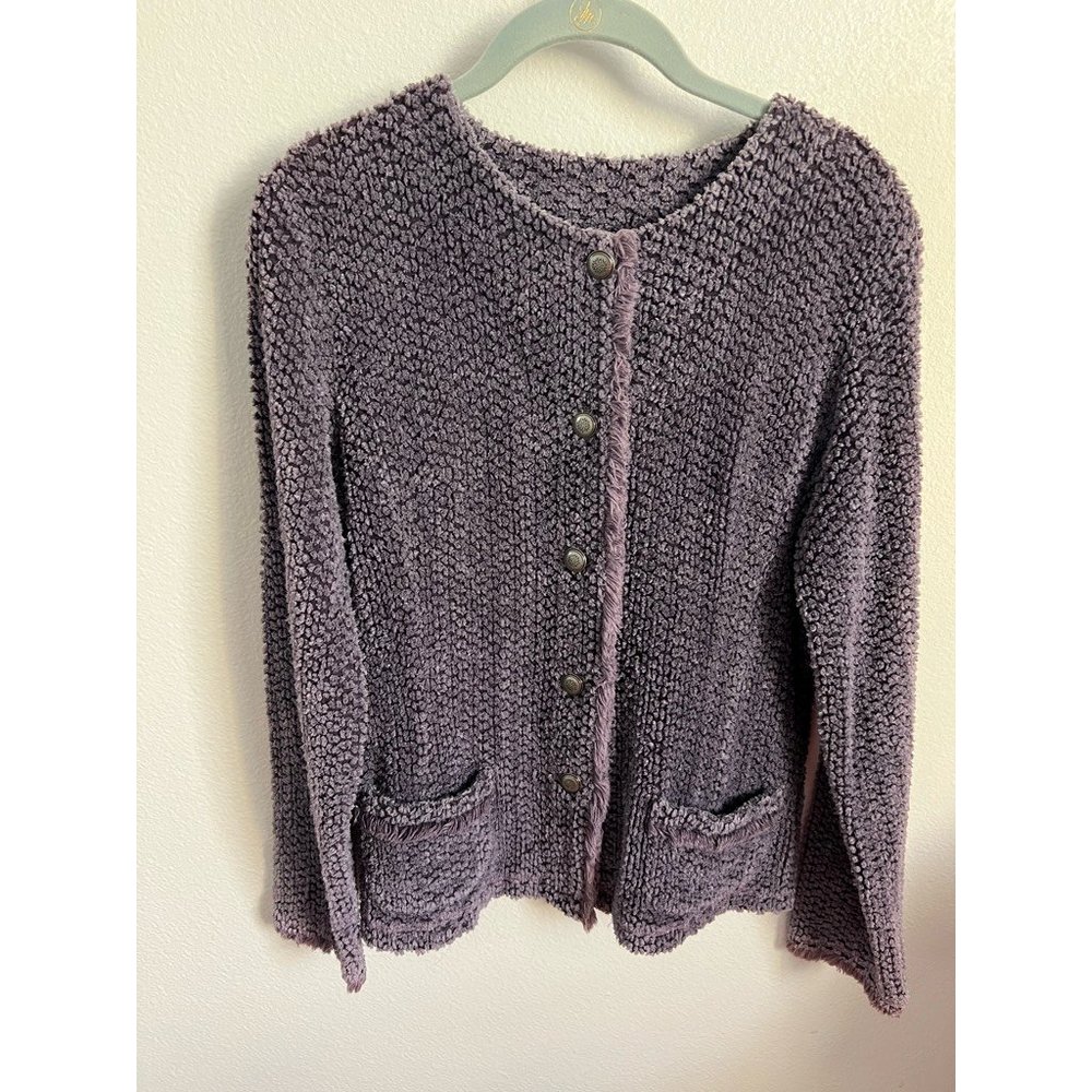Ora Womens Cardigan Sweater Gray Long Sleeve Scoop Neck Fringe Trim Knit M